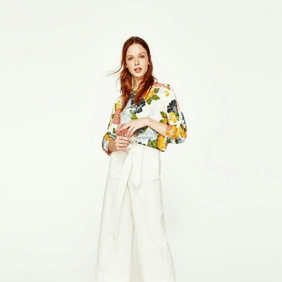 ZARA NEW WOMAN LEAVES PRINT FLOWING JACKET TOP BLOUSE ECRU//GREEN WHITE SIZE XL